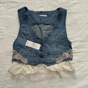 NWT Axes Femme Blue ruffled denim vest with lace and buckle detail